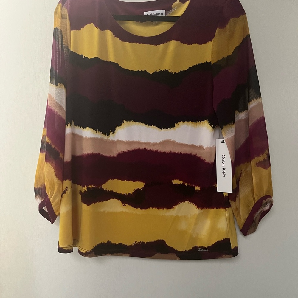 Calvin Klein Women's Striped Yellow and Burgundy Blouse nwt